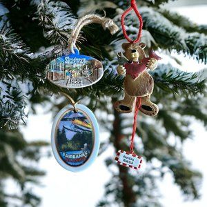 3 ALASKA CHRISTMAS ORNAMENTS Skagway Fairbanks Juneau Porcelain Bear Plane Town